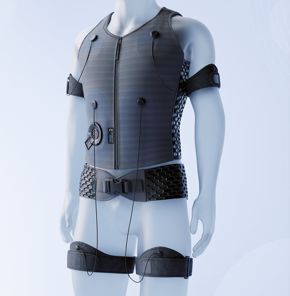 Das Elektrodensystem wird auf der i-body Funktionskleidung angebracht Funktionskleidung i-body bestehend aus einer Weste und Gurtsystemen an Armen, Beinen und Gesäß.